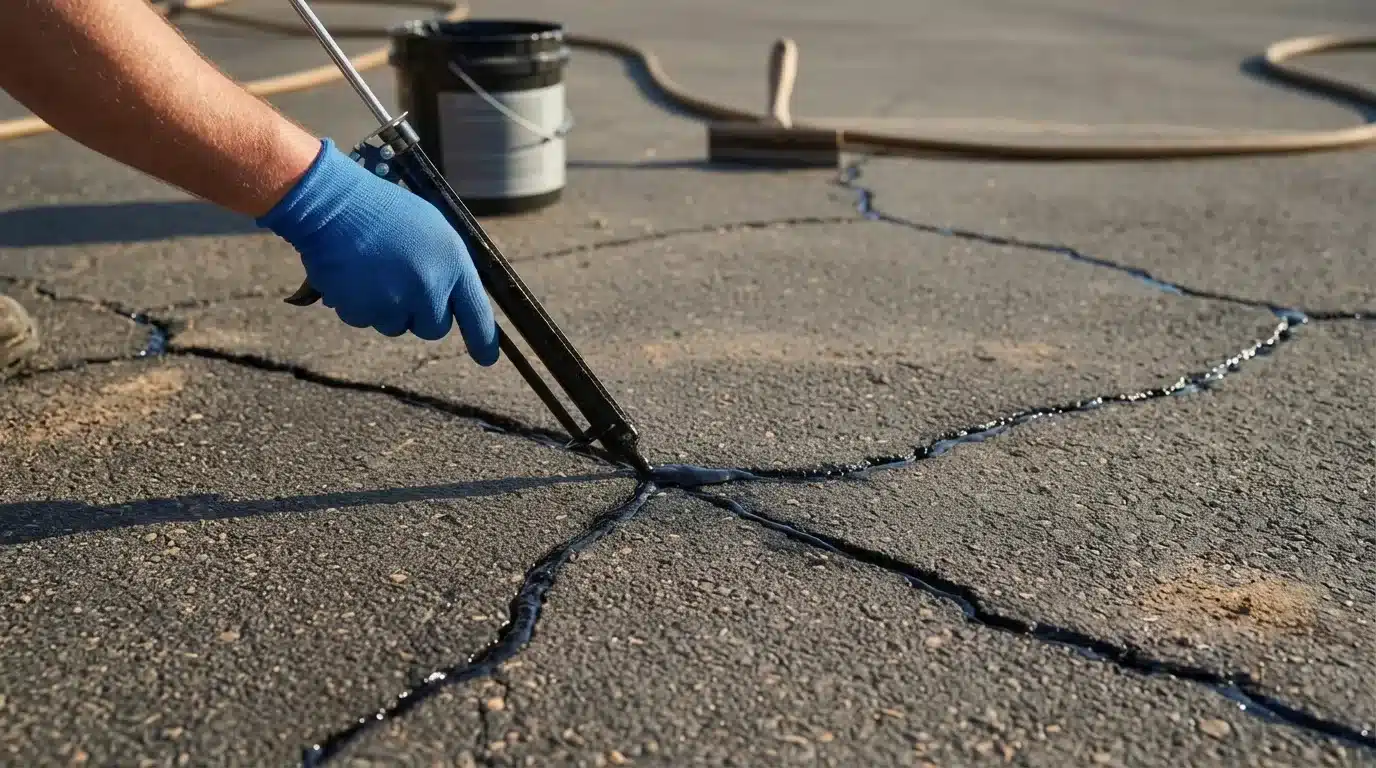 worker applying asphalt crack filler with caulking gun to repair large driveway cracks, sealing damaged pavement