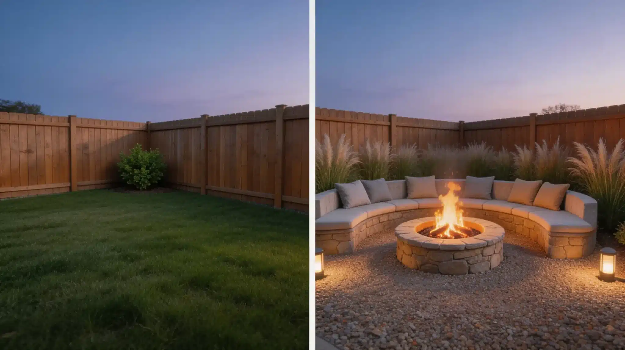 a backyard lawn converted into an fire pit seating area with curved stone bench, gravel ground, and ornamental grasses