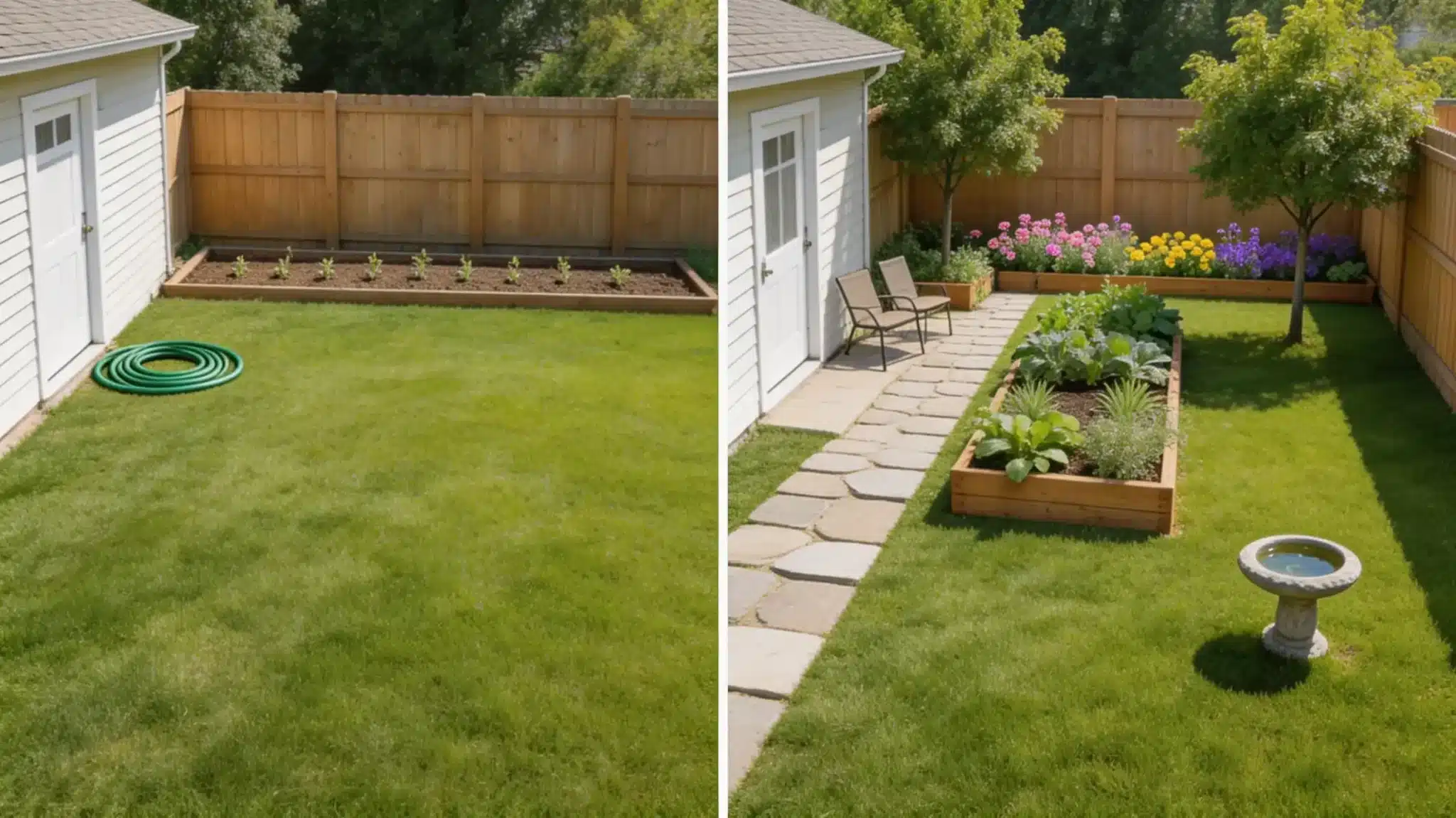a backyard lawn with empty garden beds turned into a yard with stone pathway, raised planters, flowers, and birdbath