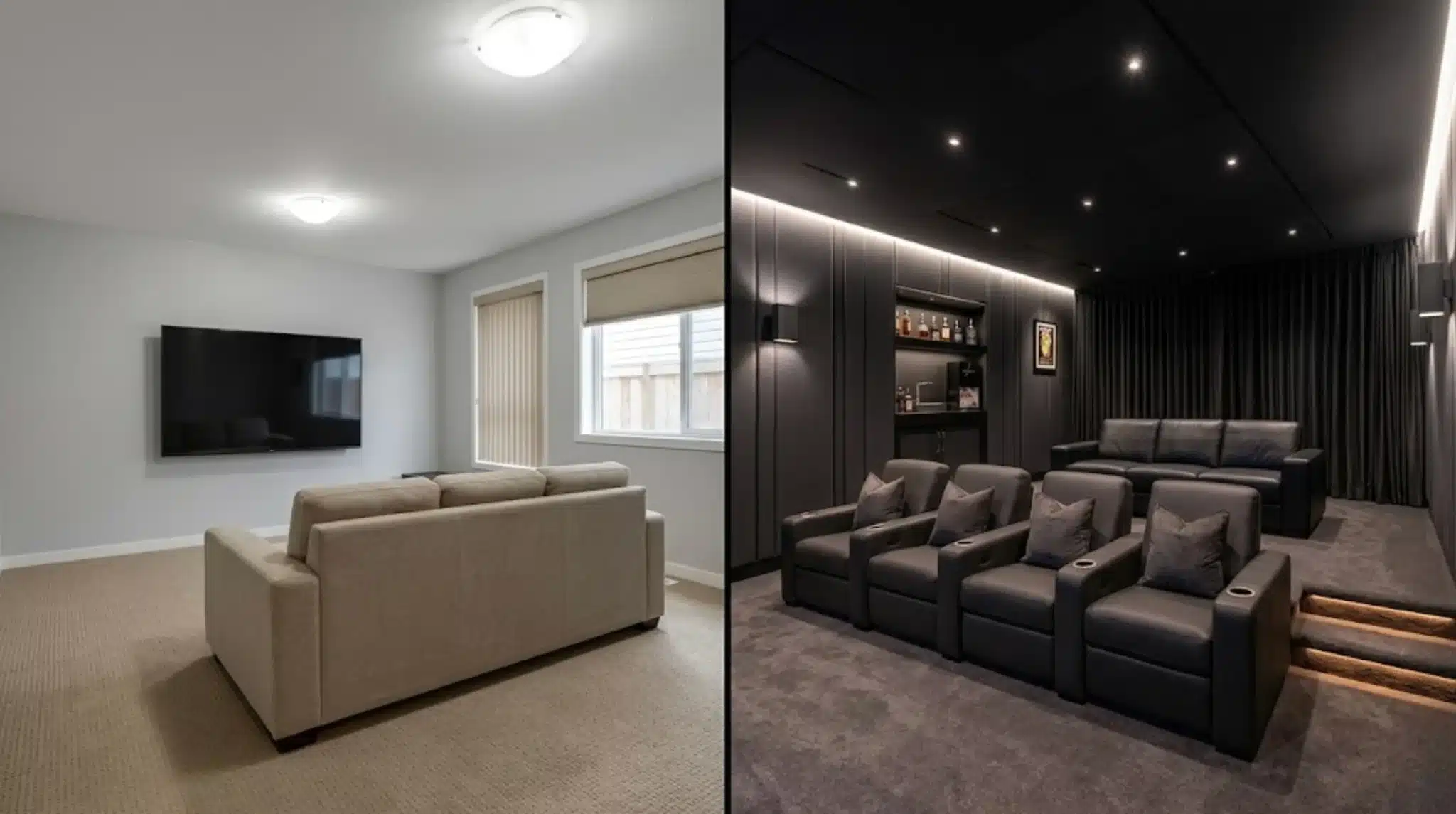 a basement tv room converted into a home theater with leather recliners, built in bar, blackout drapes, and lighting