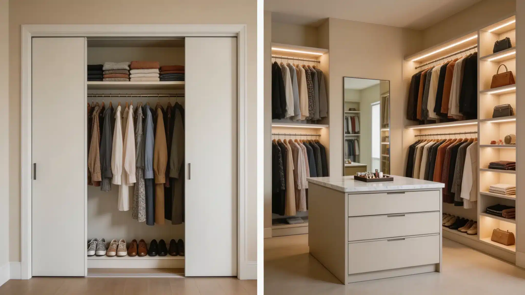 a basic sliding door closet converted into a walk-in wardrobe with center island, led lights, a mirror, and shoe storage