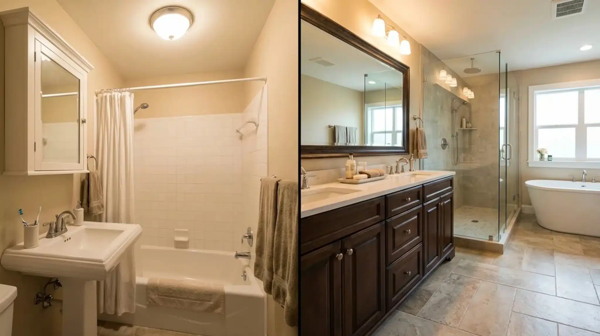 a bathroom transformation showcasing a modern shower and tub area with upgraded vanity, creating a spacious design