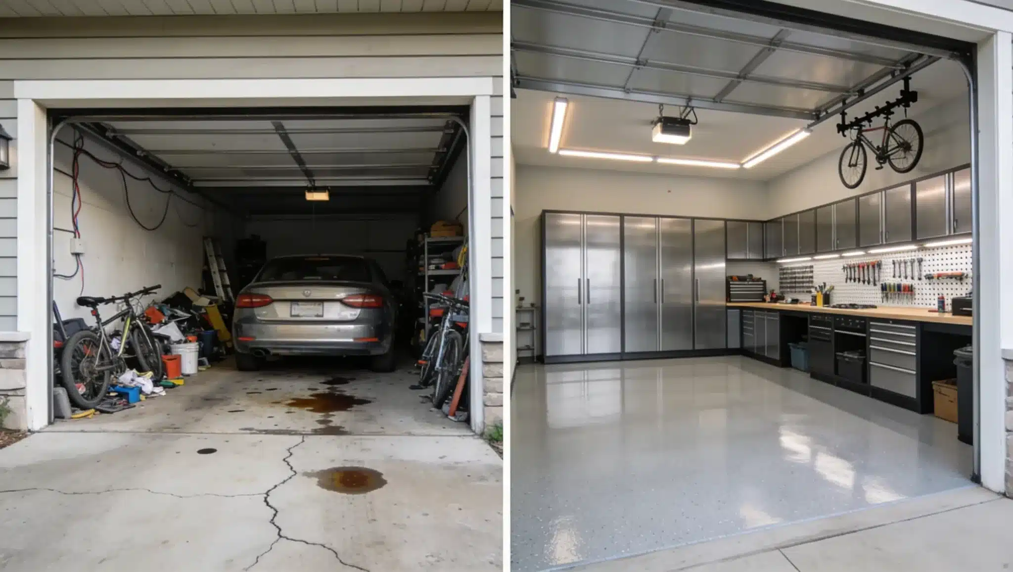 a before-and-after garage transformation, from a cluttered storage space to an organized area with cabinets and tools