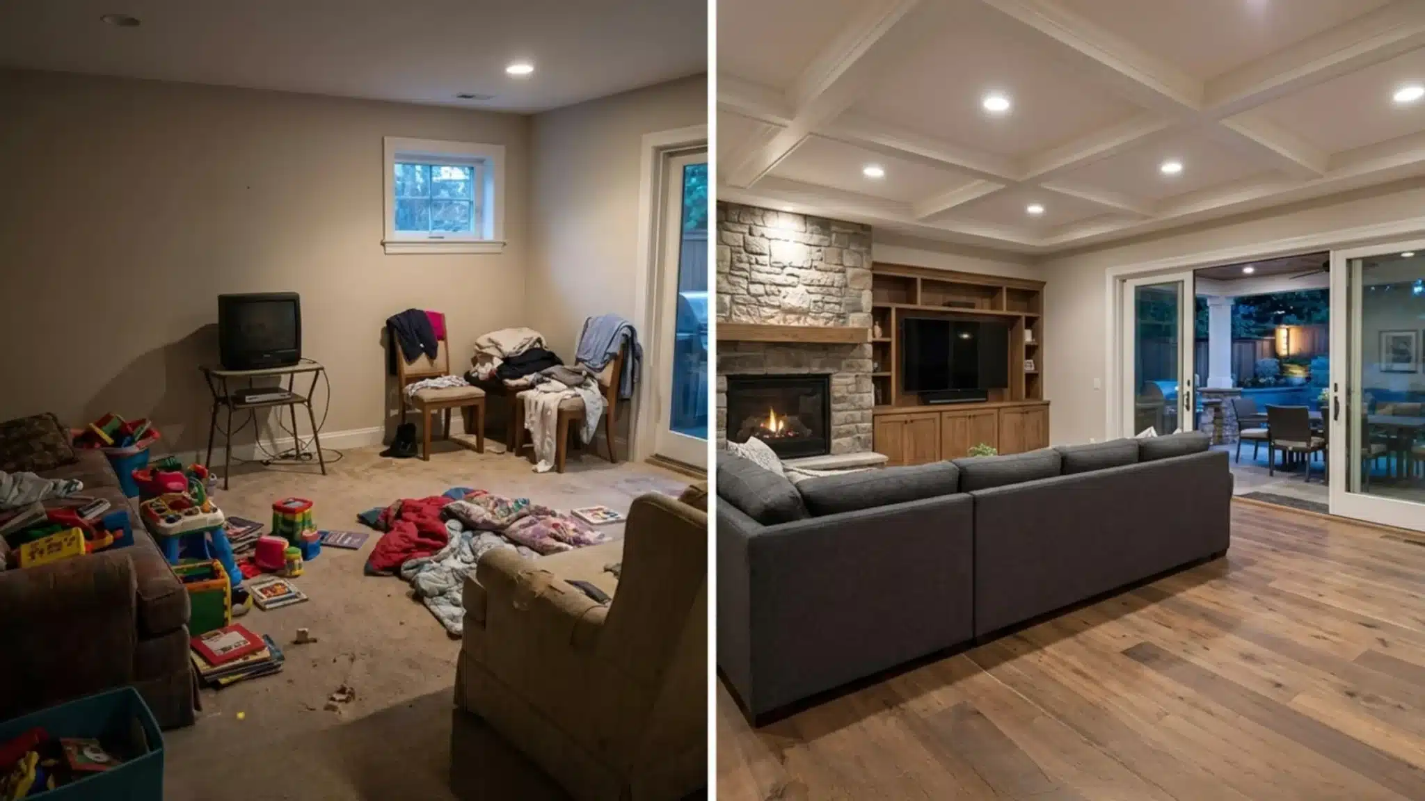 a before-and-after image of a basement transformation, from a cluttered playroom to a living space with a fireplace