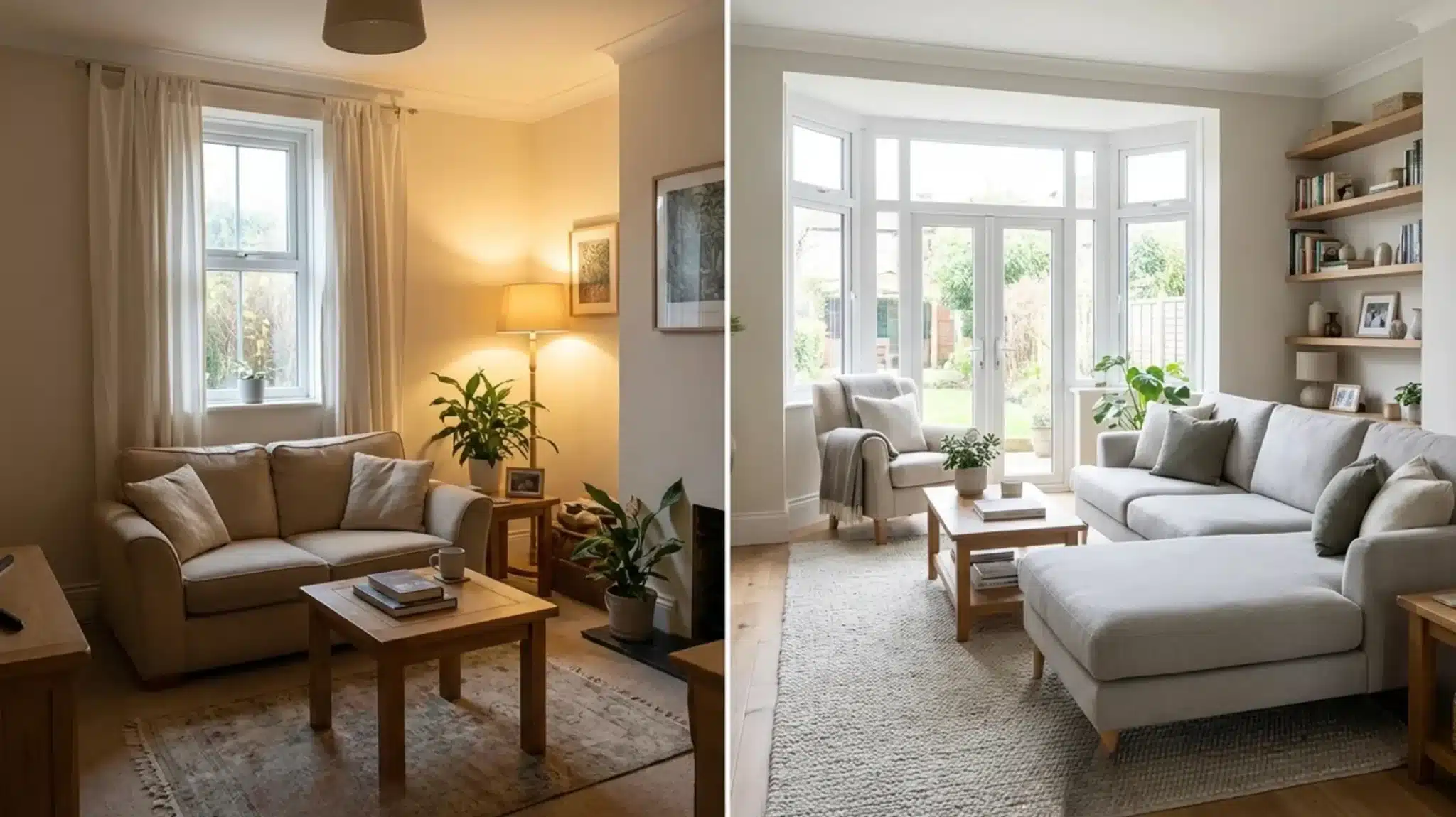 a before-and-after living room transformation, showing a minimalistic design evolving into a bright space with shelving