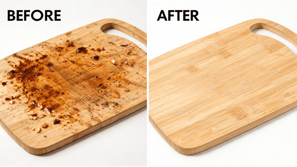 a before and after of a dirty bamboo cutting board tjat was cleaned with home mixes