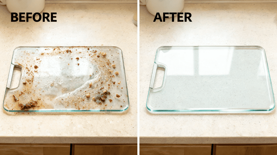 a before and after of a dirty glass cutting board tjat was cleaned with home mixes