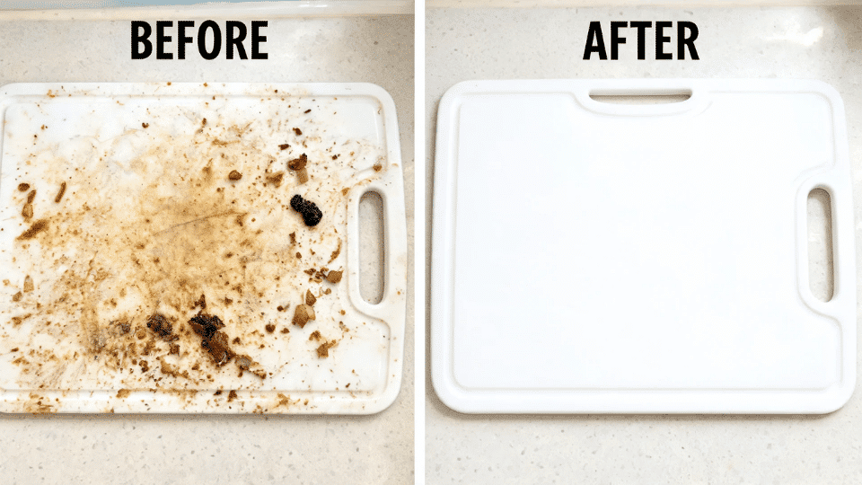 a before and after of a dirty plastic cutting board that was cleaned with home mixes
