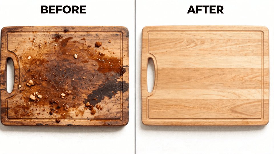 a before and after of a dirty wooden cutting board that was cleaned with home mixes