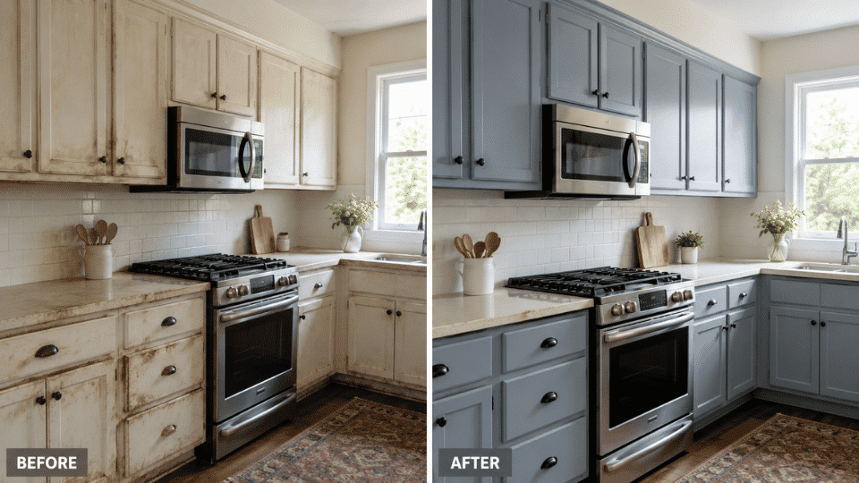a before and after of a kitchen cabinet that were painted but got dirty and lost color over time and is now bright and colorful after proper cleaning