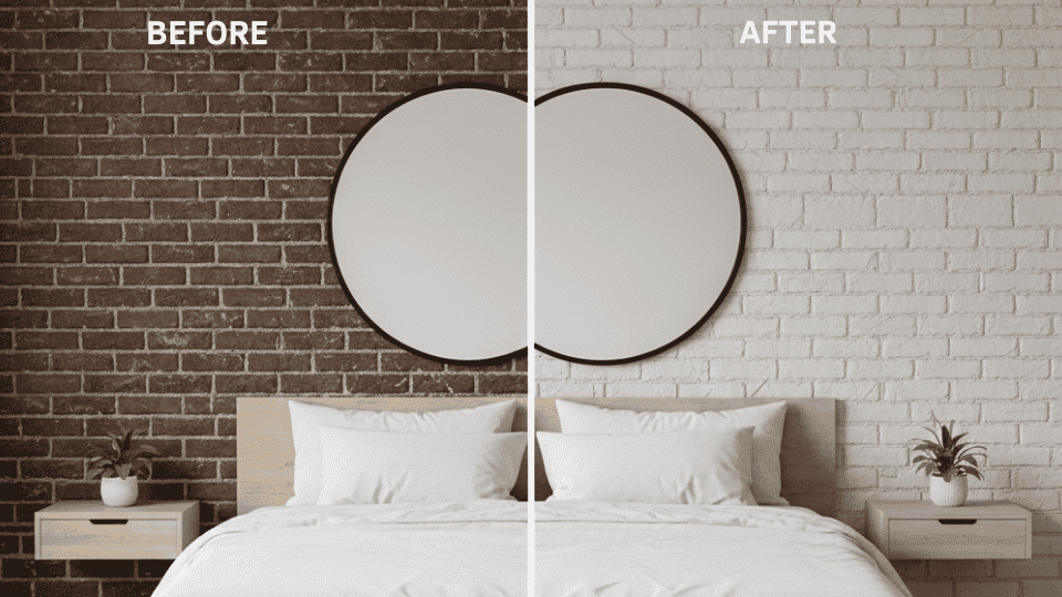 A bold, dark brick feature wall is transformed into a soft, pastel gray with limewash, creating a calming, serene atmosphere