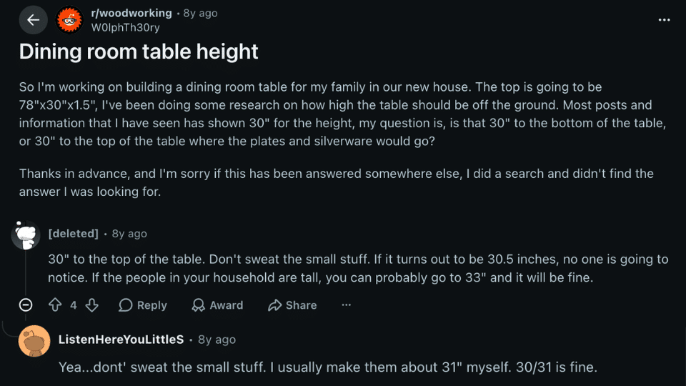 a bunch of people on a woodworking subreddit giving advice on the dimensions for a dining table