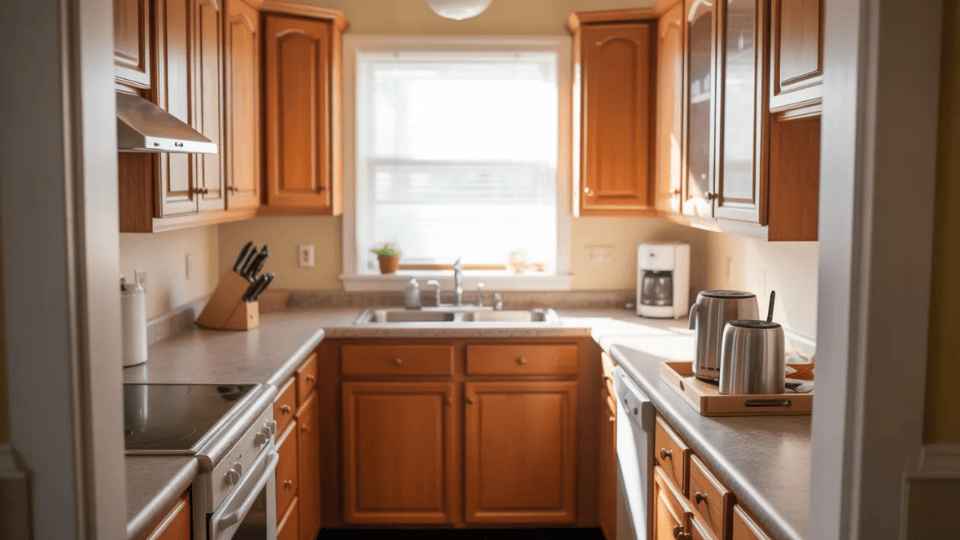 a clean kitchen counter with only a coffee maker and knife block grouped neatly on a tray