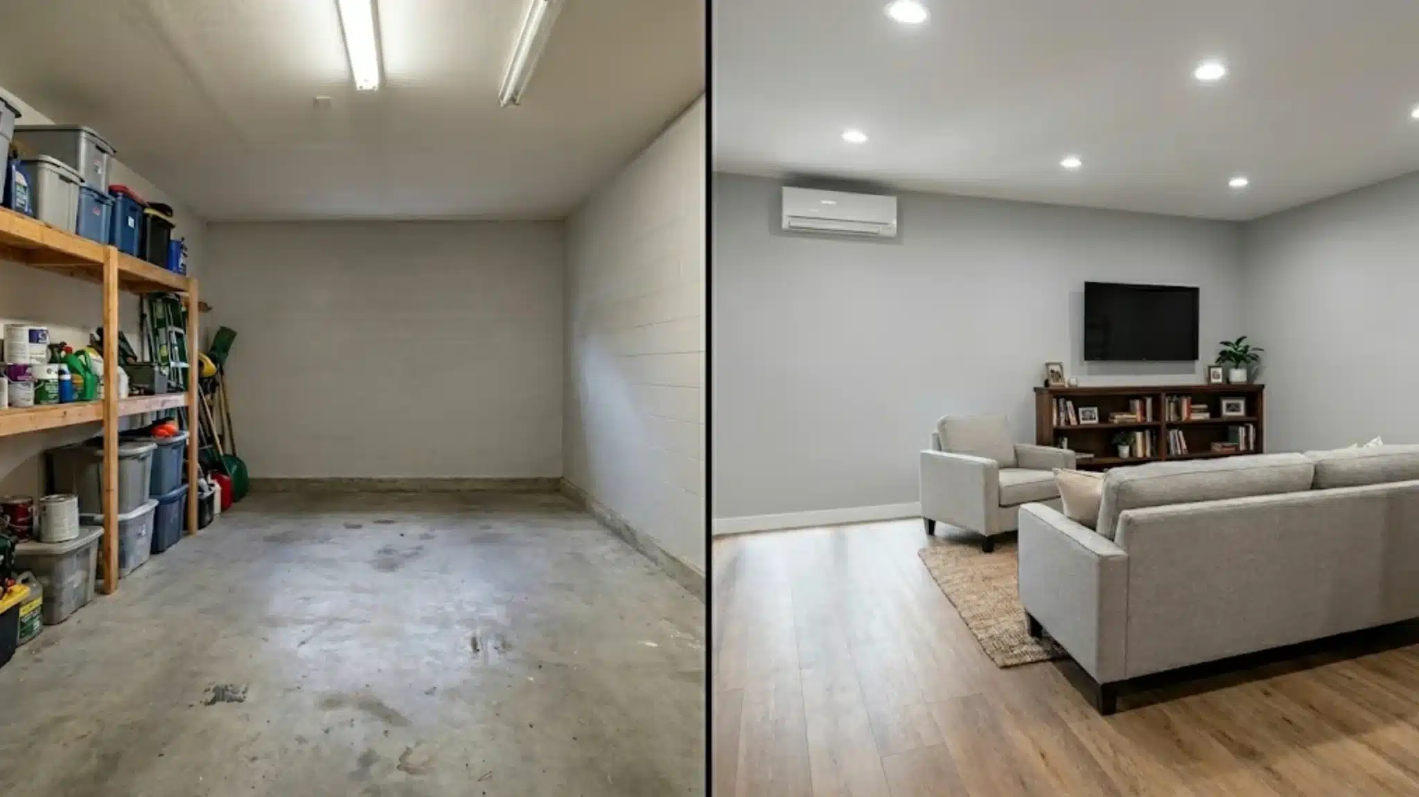 a cluttered garage with storage shelves converted into a living room with wood flooring, seating, a tv, and a split ac