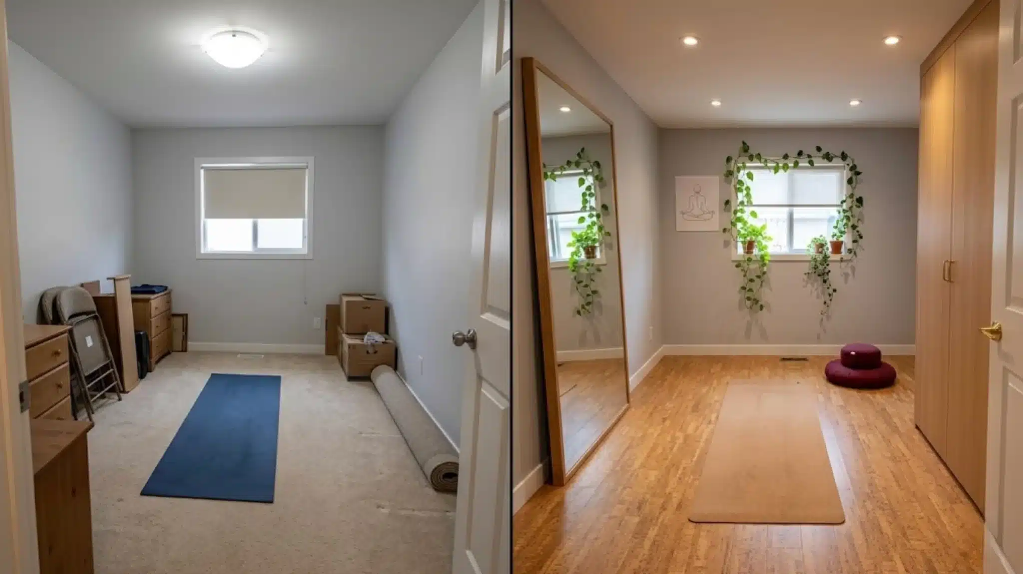 a cluttered room converted into a minimal yoga space with wood flooring, floor mirror, a mat, and trailing indoor plants