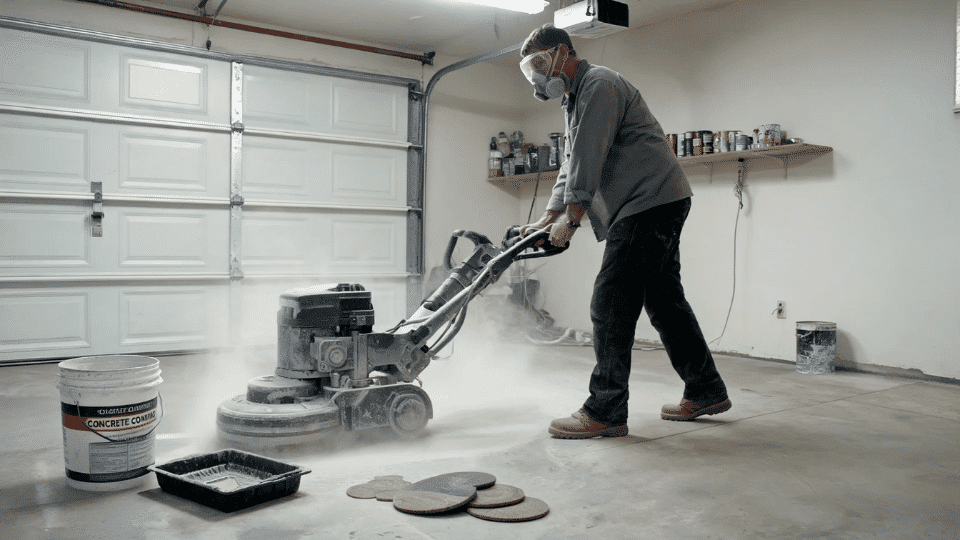 A contractor using a concrete grinder garage floor before coating.