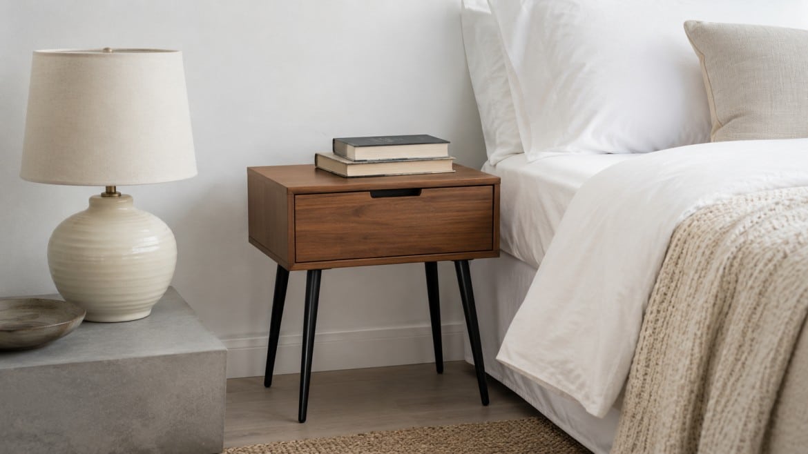 A cozy bedroom scene featuring a wooden nightstand with black legs, topped with books