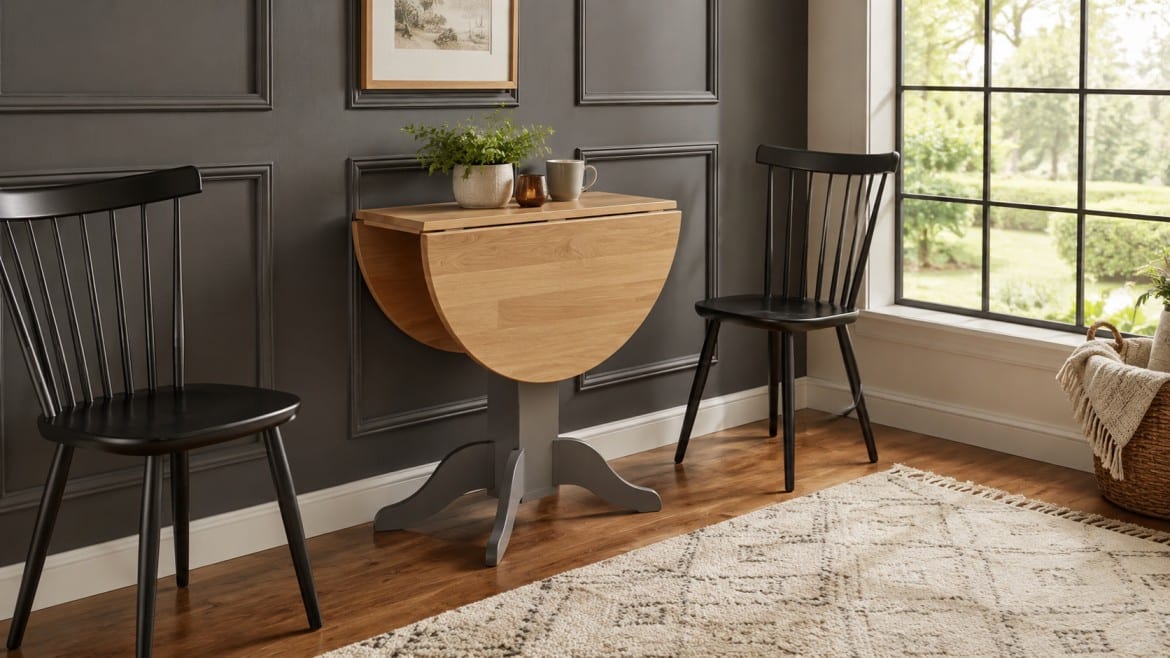 A cozy dining nook with a wooden drop-leaf table set against a dark paneled wall