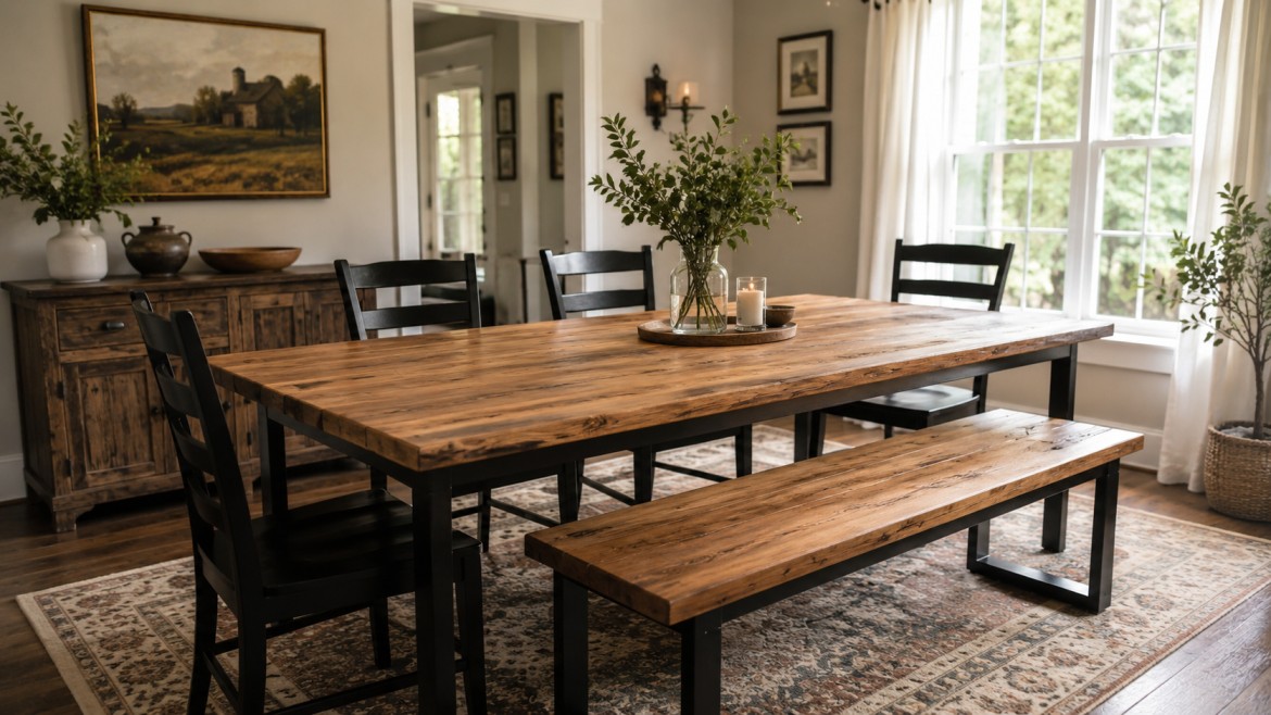 A cozy dining room with a rustic wooden table and bench, black chairs, green plants, candles, a traditional rug
