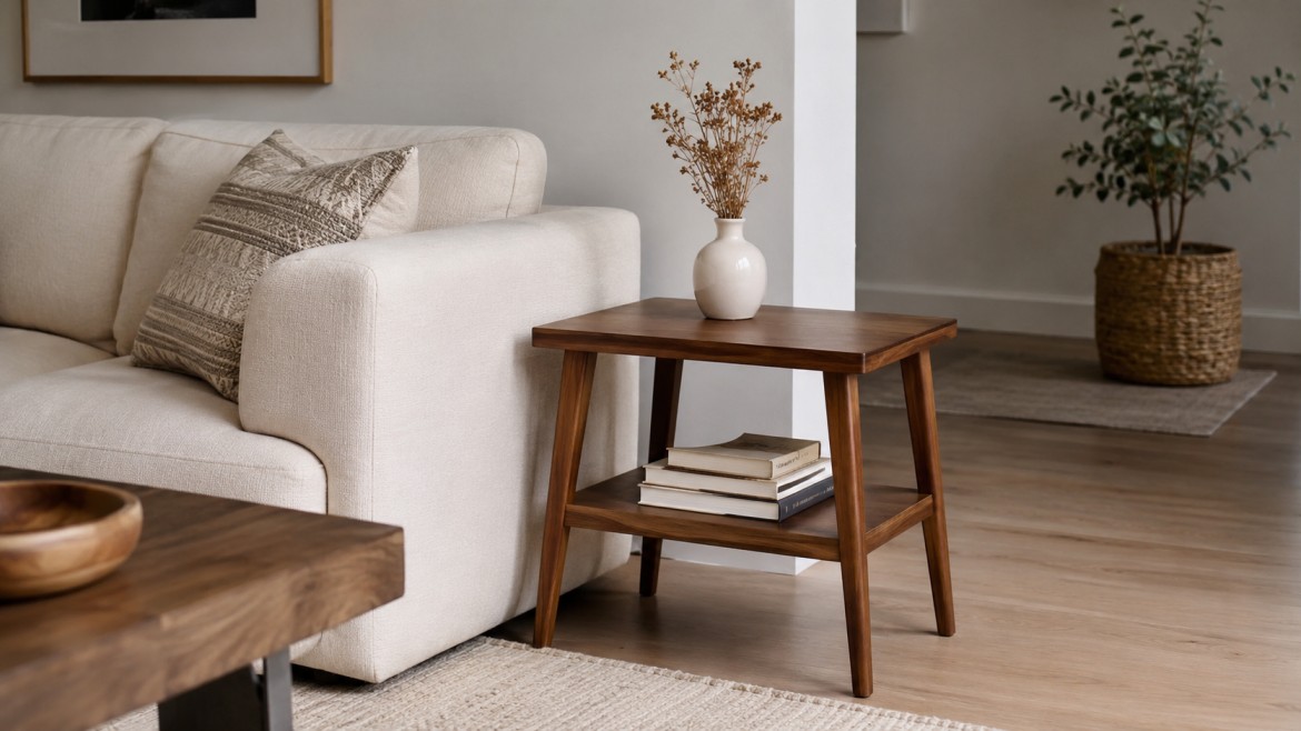 A cozy living room features a beige sofa with patterned cushions. A wooden side table holds a vase with dried flowers