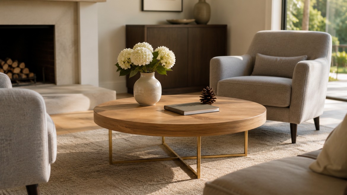 A cozy living room with a light wood round coffee table adorned with a vase of white flowers, a book