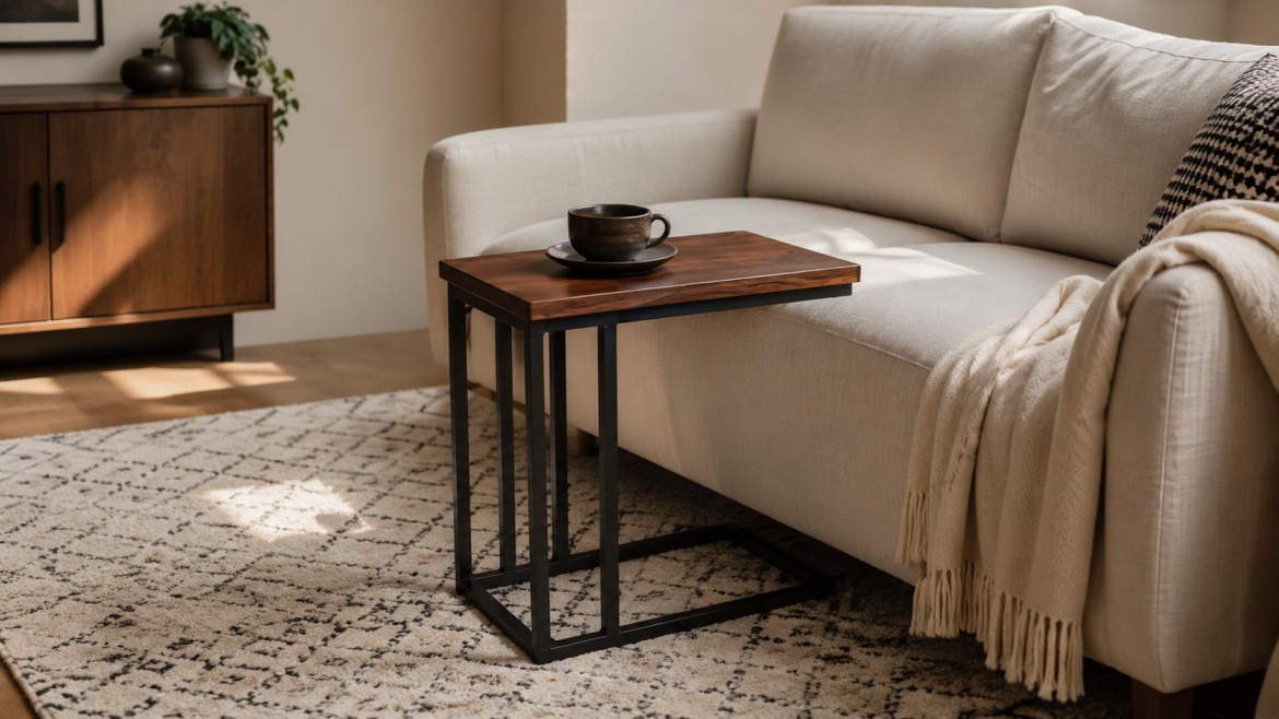 A cozy, modern living room with a cream sofa, a C table holding a mug