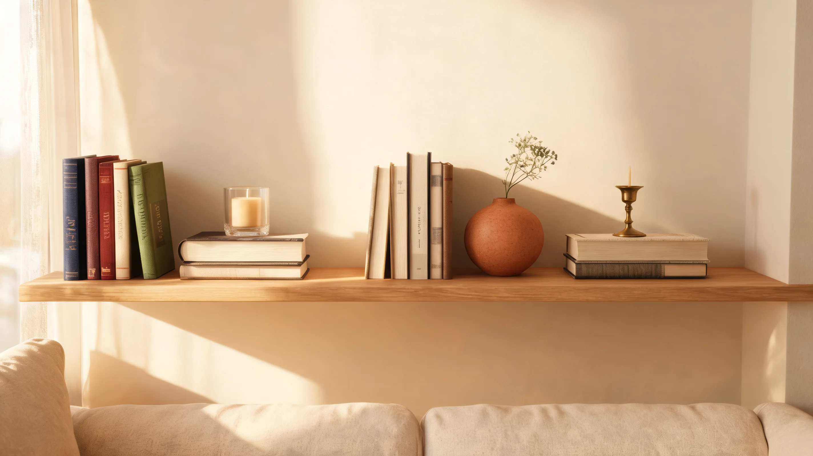 a cozy shelf with books stacked vertically and horizontally with small decor items