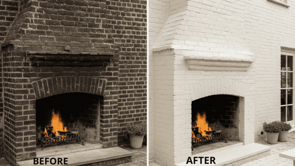 A dark, aged brick outdoor fireplace is transformed with limewash into a bright, clean white, enhancing the space’s appeal