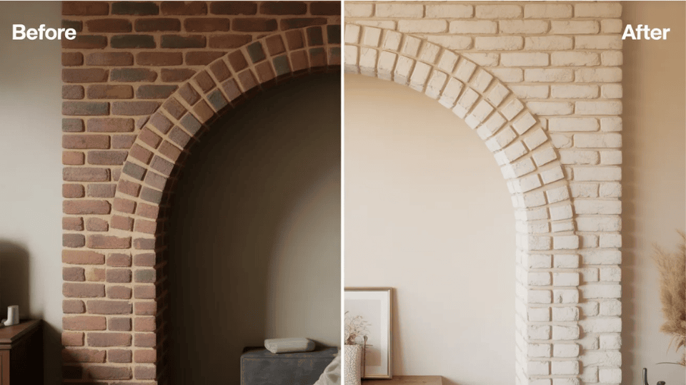 A dark brick archway is limewashed to a soft, neutral tone, accentuating the arch’s beauty and creating a fresh, inviting space