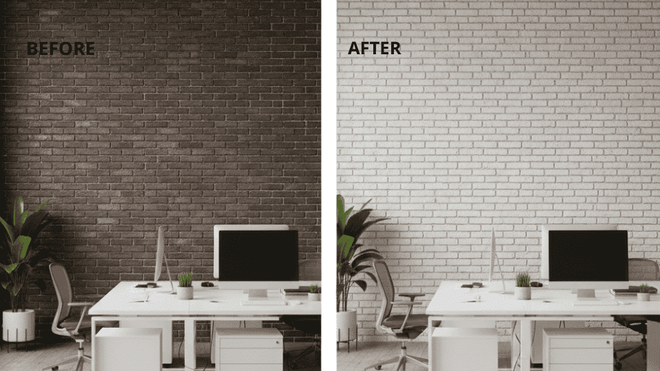 A dark brick wall in a modern office is transformed with limewash into a clean, neutral white, brightening the workspace