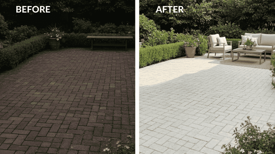 A dark, weathered patio is revived with limewash, transforming it into a bright open space that blends beautifully with greenery
