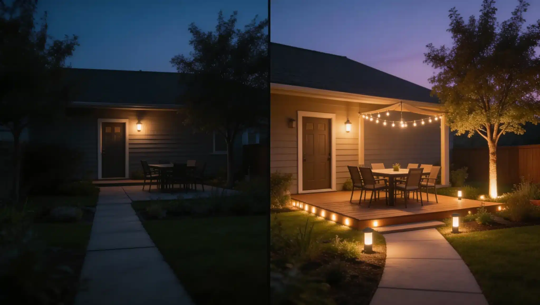 a dimly lit backyard upgraded with string lights, step lighting, pathway bollards, and lighting on surrounding trees