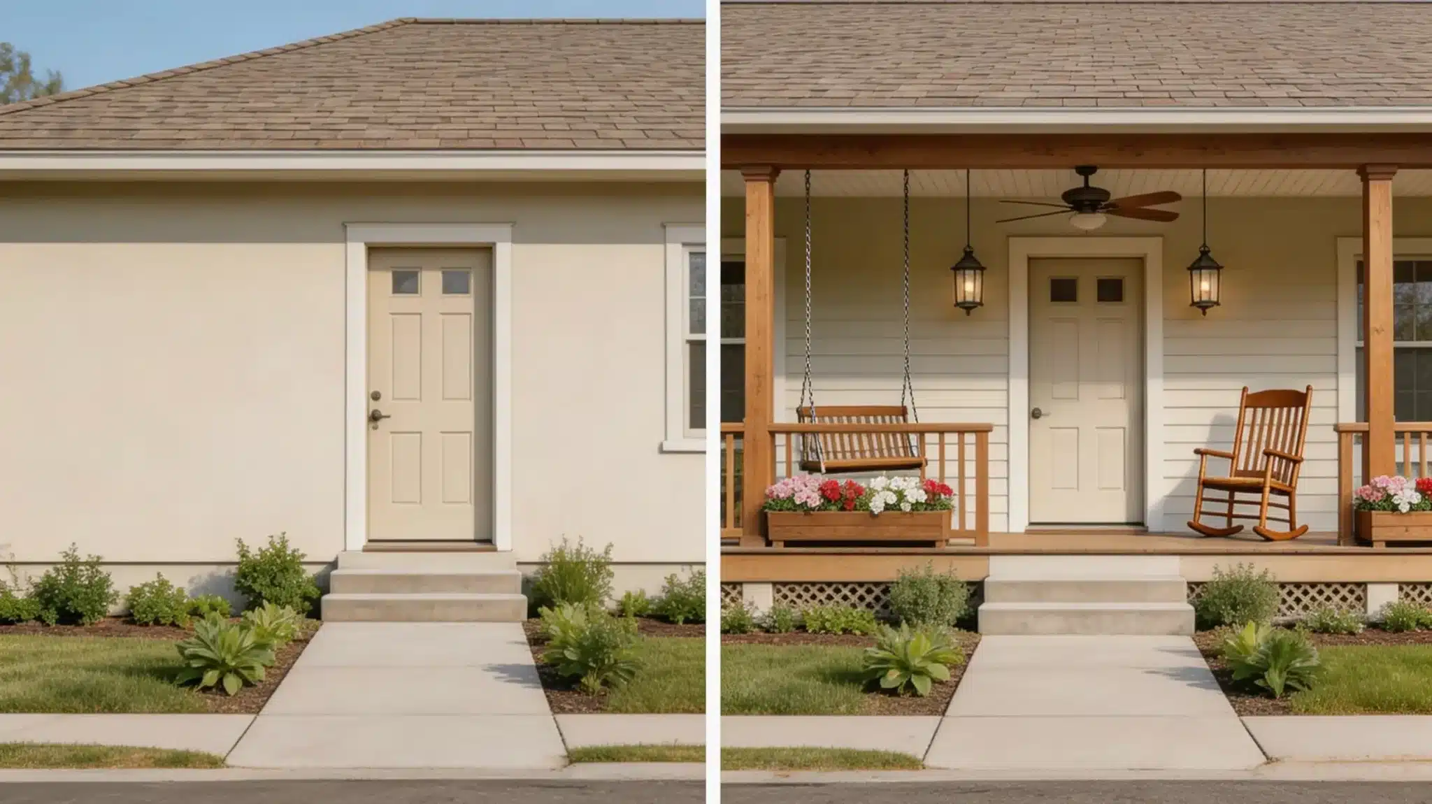 a front door entry upgraded to a wood porch with swing, rocking chair, hanging lanterns, ceiling fan, and flower boxes