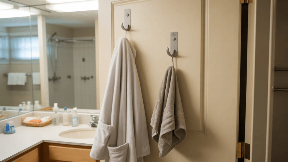 a full bathroom view with two adhesive hooks on the back of the door holding a robe and towel, clear counter and shower visible