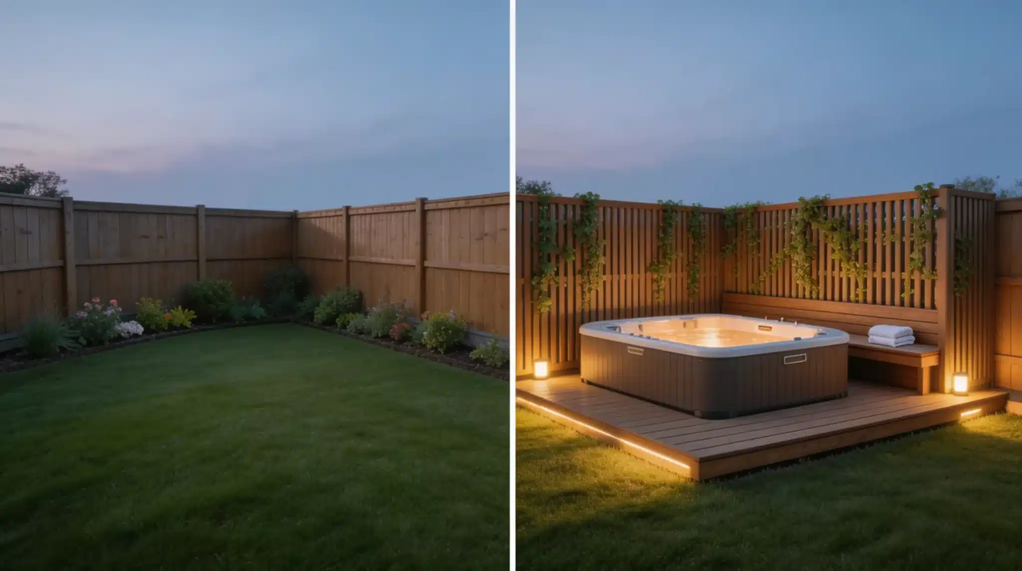 a grass backyard converted into a hot tub with wood decking, privacy lattice, climbing vines, and warm ground lighting