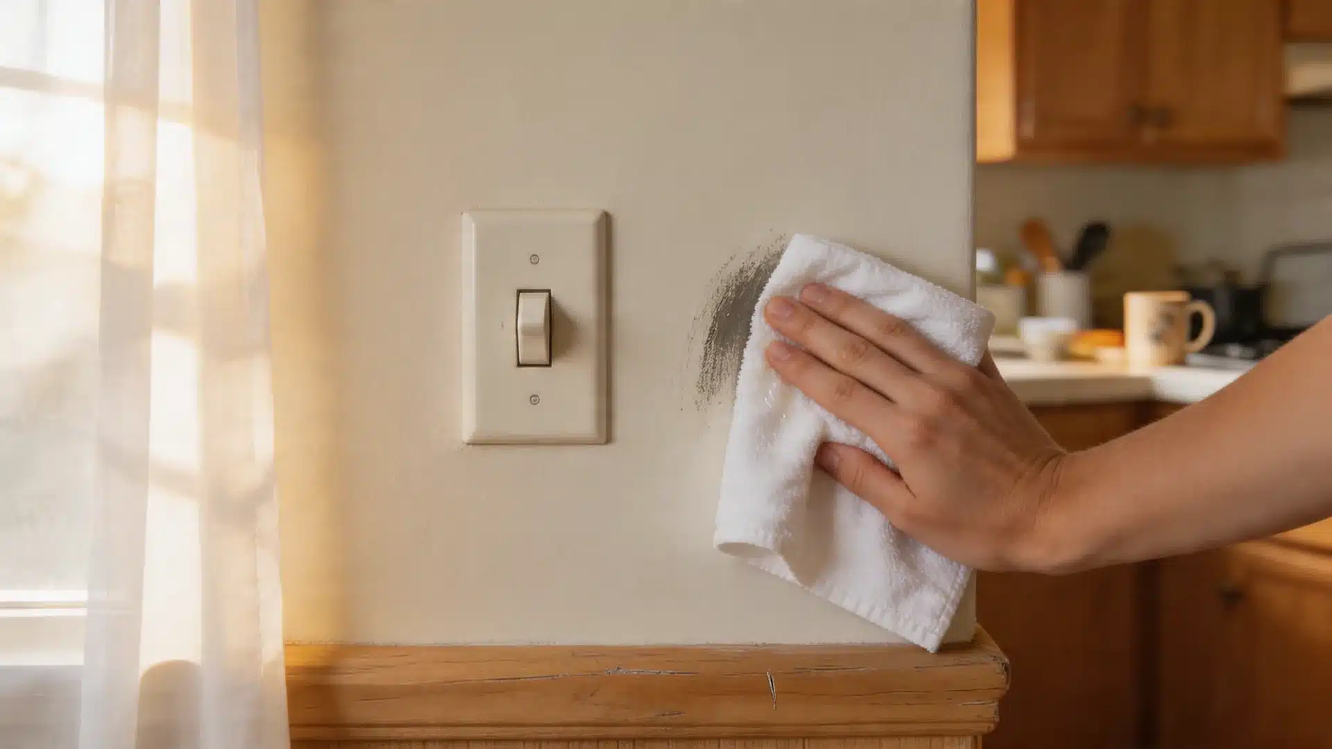 a hand wiping a dark mark off a cream painted wall near a light switch with a kitchen visible in the warm background