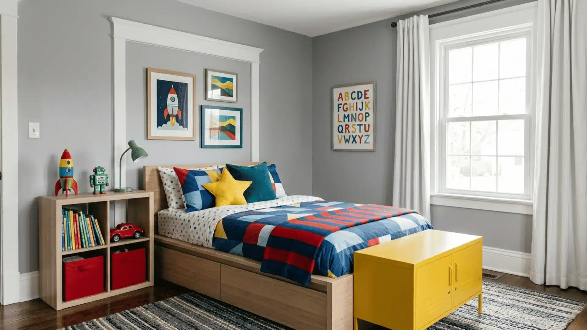 a high quality picture of a bed room with grey wall color, window and couple of painting on walls