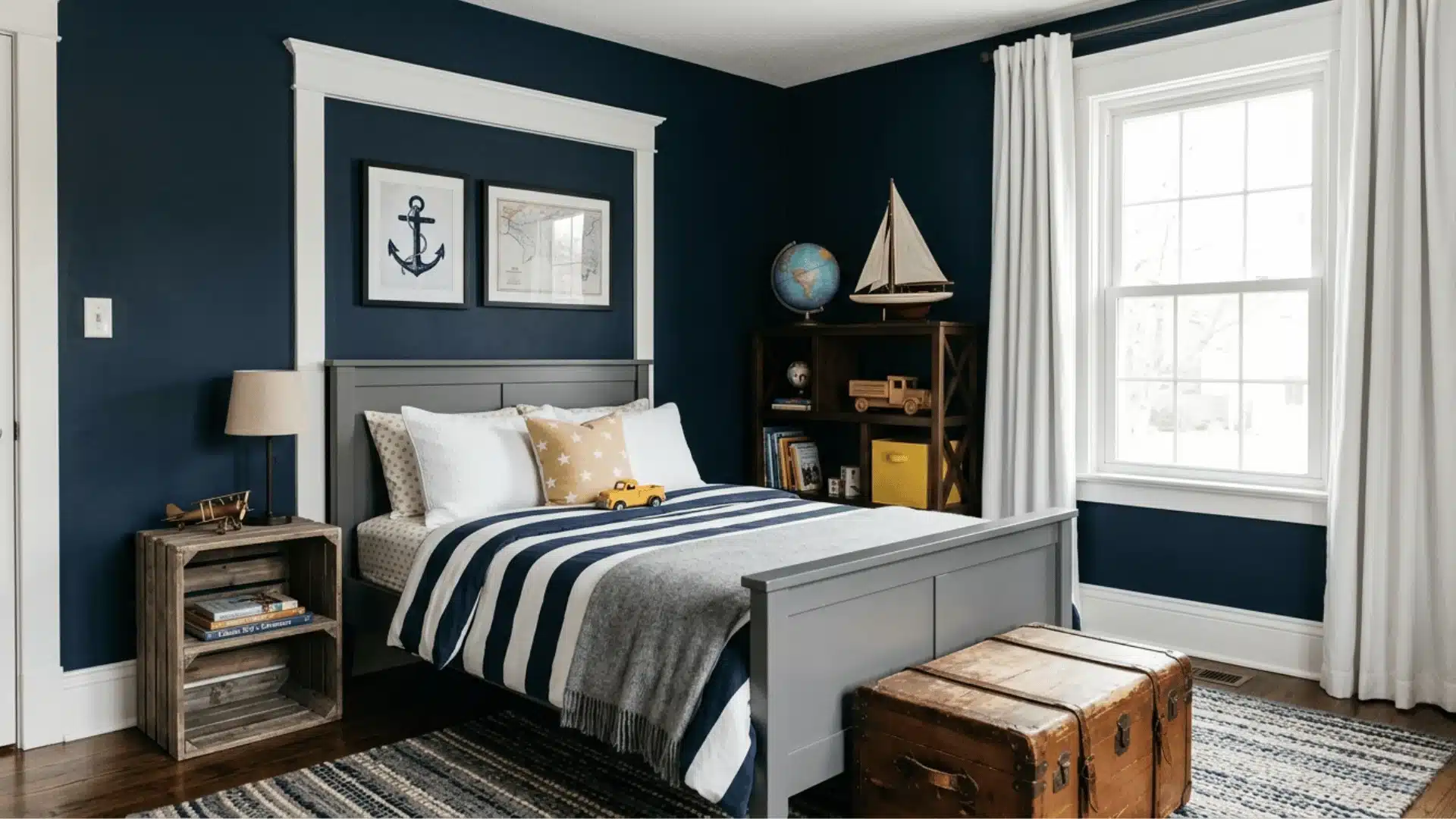 a high quality picture of a bed room with navy blue wall white cartoon and cute things
