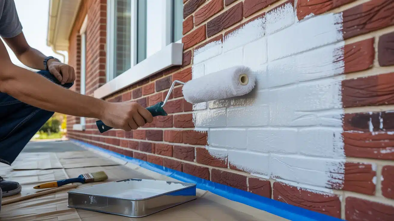 a homeowner painting a brick wall with a roller, showing the transformation from raw brick to a smooth white finish.