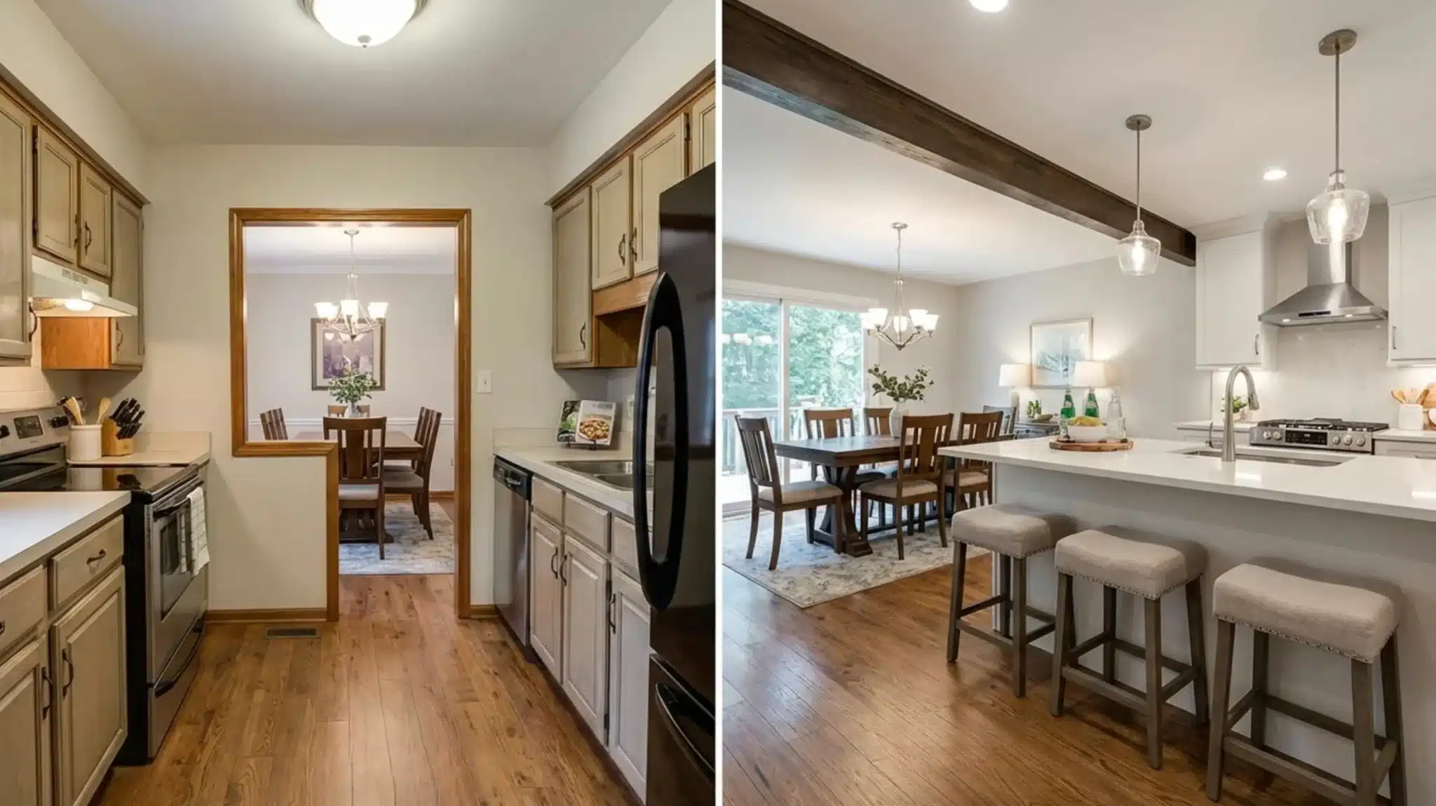a kitchen remodel showing a transition from a space with dark cabinets to a modern, open-concept kitchen with an island