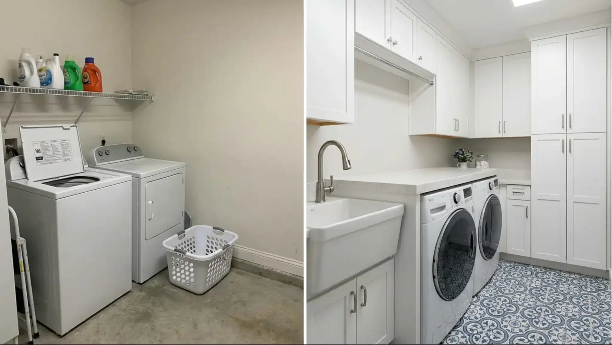 a laundry room transformation featuring white cabinets, modern appliances, and tiled floors, adding function and charm