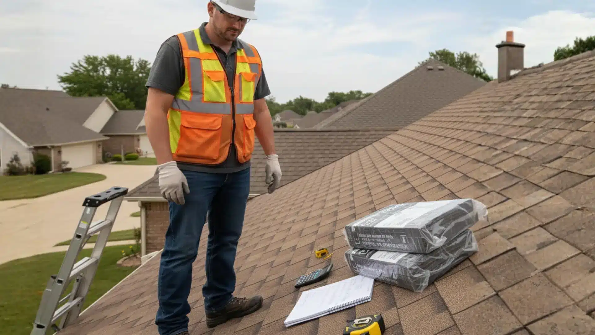 a man in a hard hat and safety vest stands on a shingled roof with tools and shingles