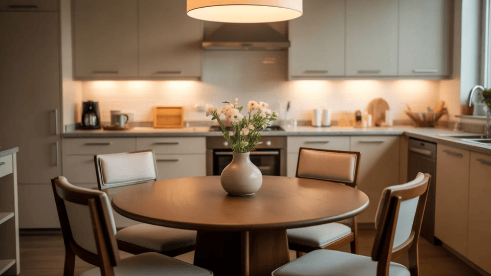 _a minimal dining table with one small plant centrepiece and consistent chairs in warm soft light