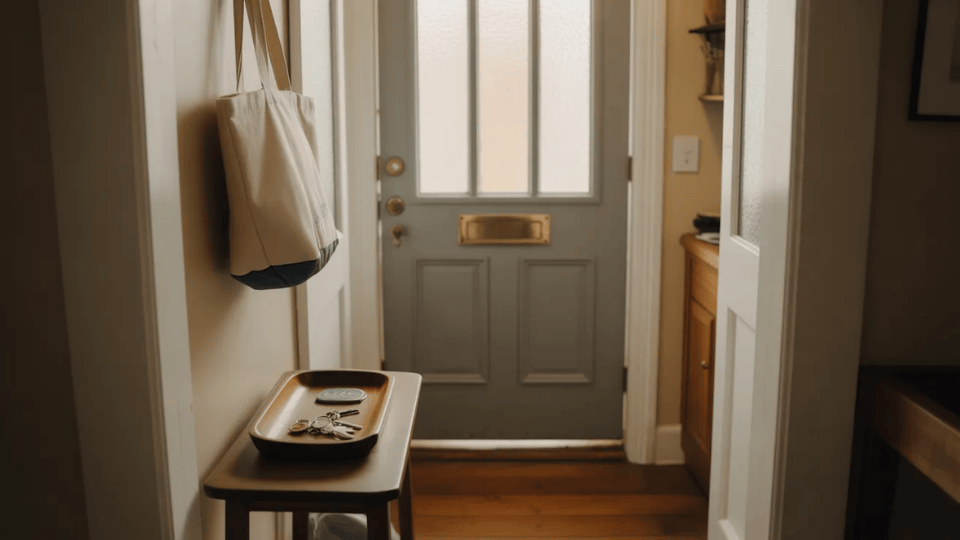 a minimal entryway with a wall-mounted coat rack bench with shoe storage and one narrow console table