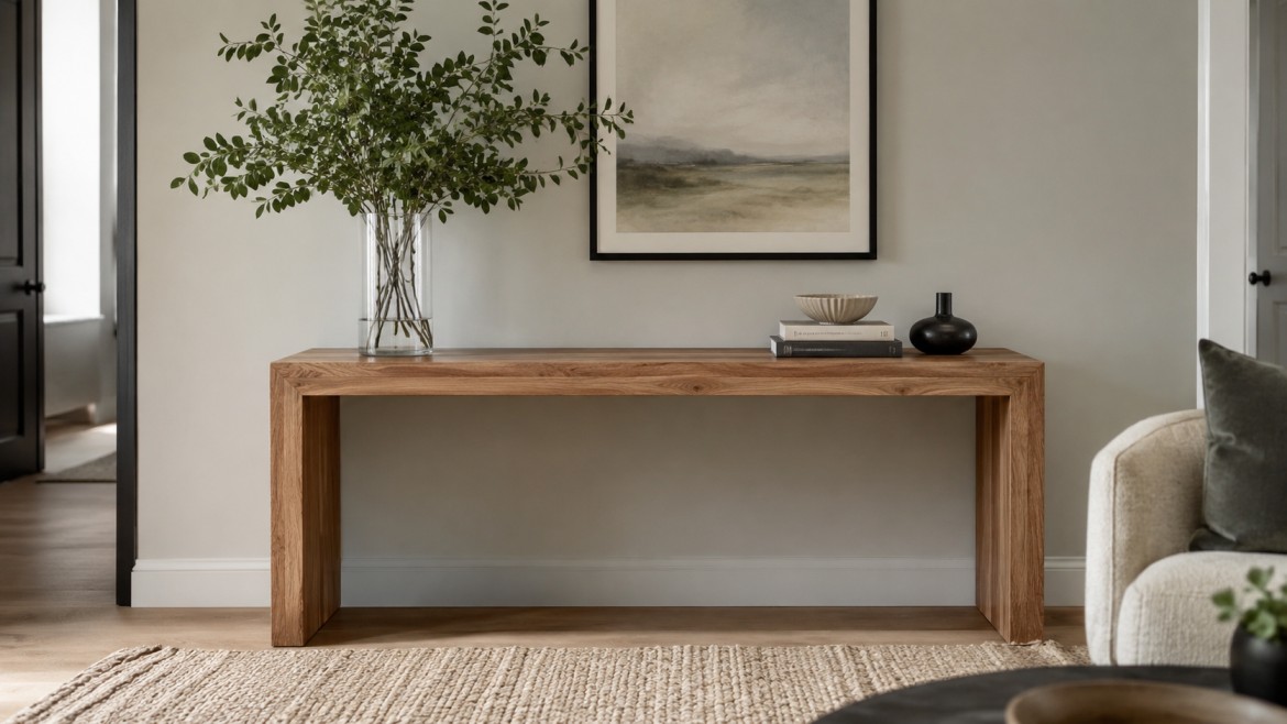 A minimalist living room features a wooden console table with a glass vase holding leafy branches