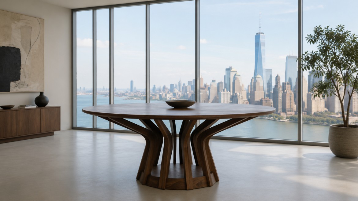 A modern interior with a pedestal table and cityscape view. Sunlight streams through windows