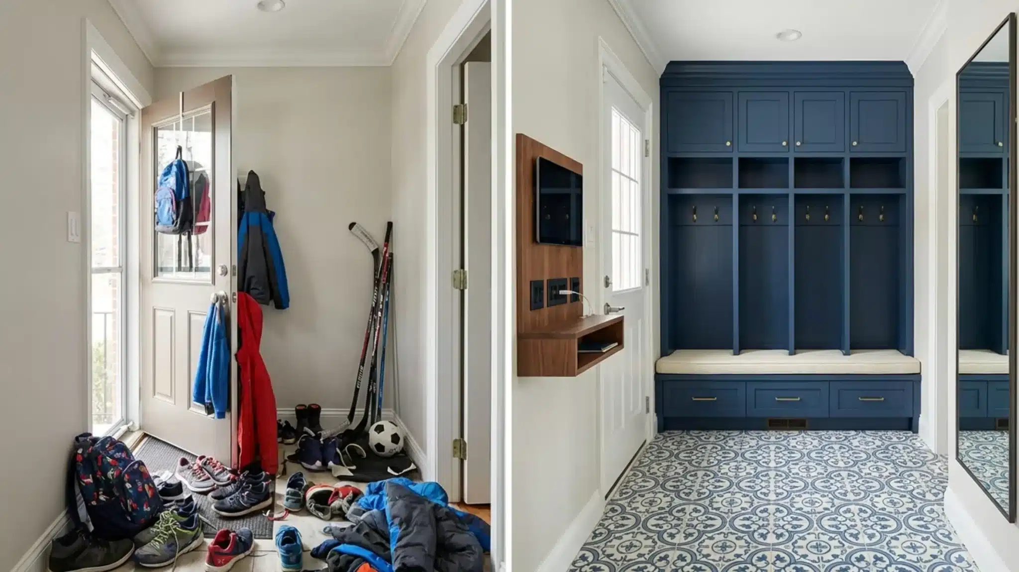 a mudroom transformation, from cluttered shoes and jackets to a stylish, organized space with built in storage and hooks
