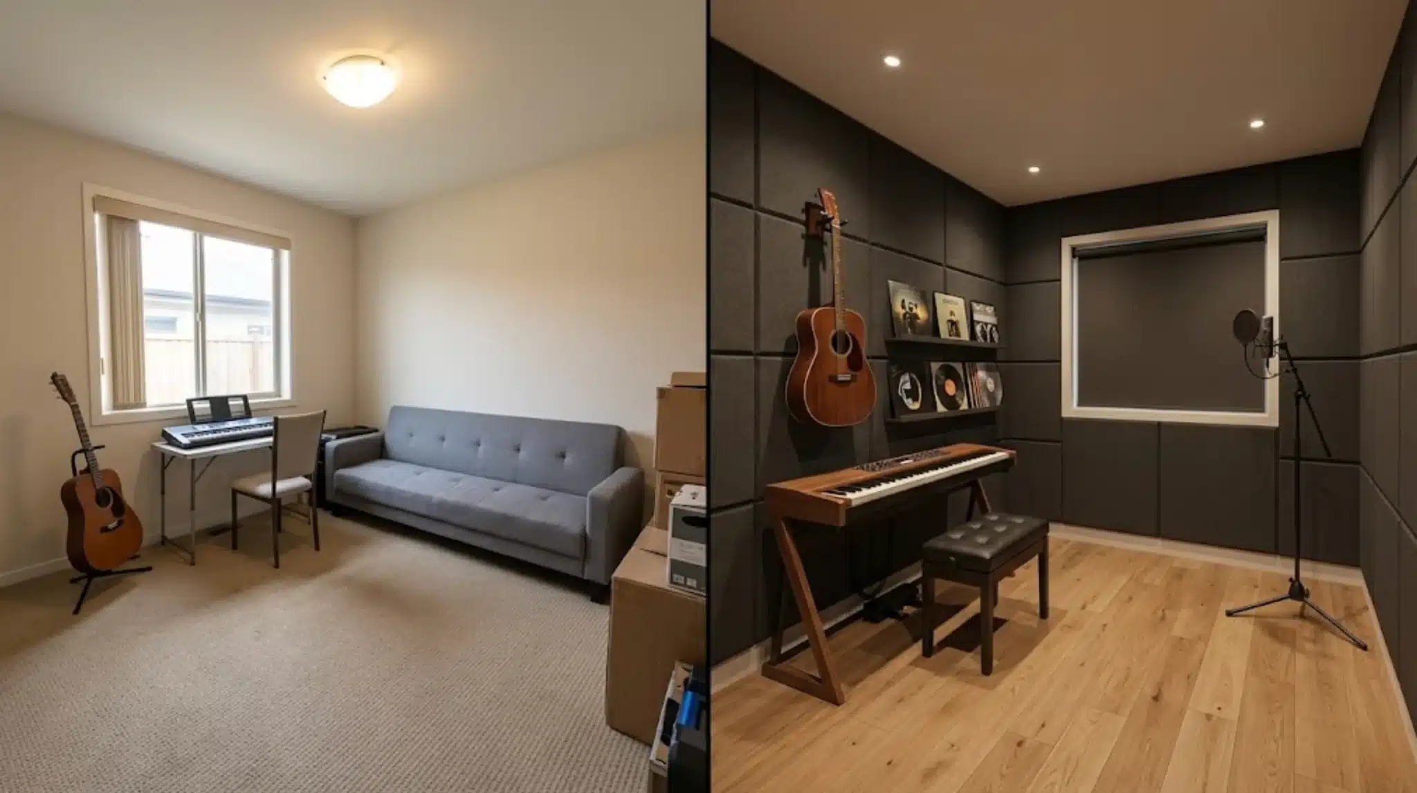 a music room with a futon converted into a recording studio with acoustic panels, digital piano, and wood flooring