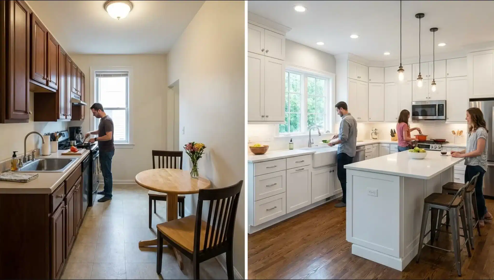 a narrow kitchen remodeled into a spacious white kitchen with center island, a sink, and pendant lighting