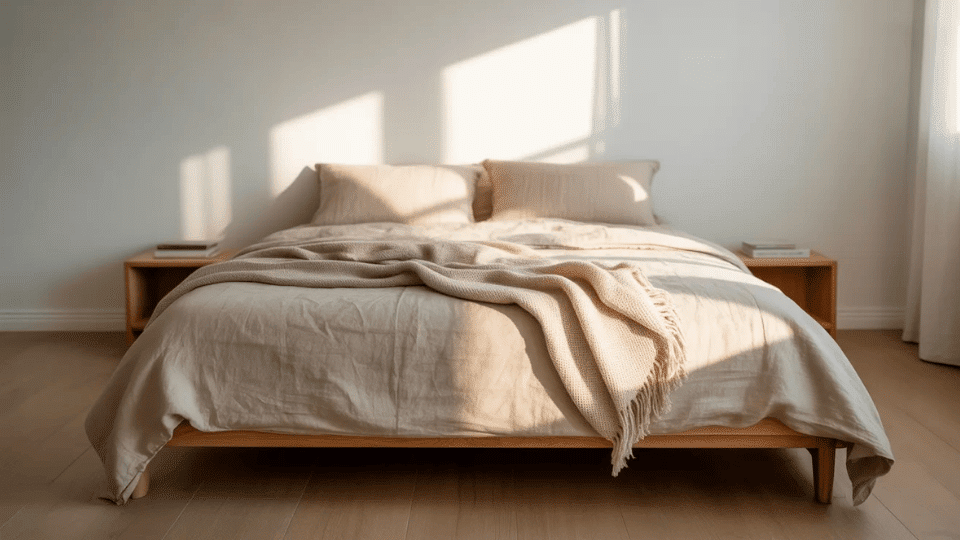 a neatly made linen bed with a simple wooden headboard in a calm minimal bedroom with morning light